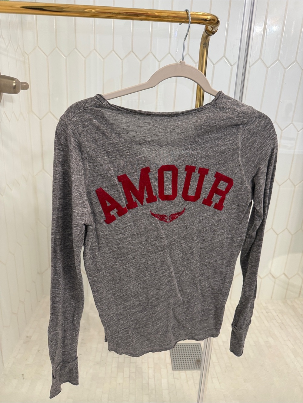 Zadig & Voltaire - Gray Long Sleeve Tee with Red "AMOUR" Lettering